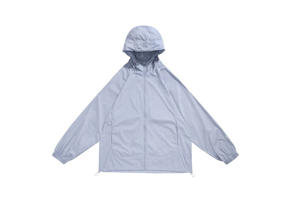 Light gray-blue hooded zip-up jacket with raglan sleeves and drawcord hem, flat front view