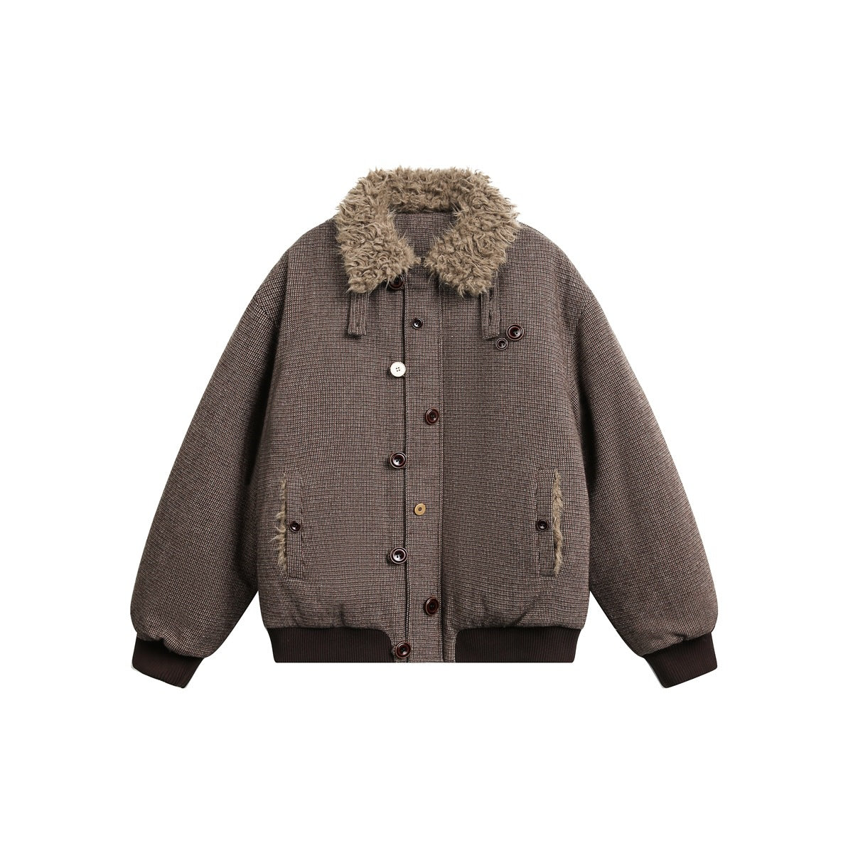Light brown houndstooth-texture bomber jacket with fleece-like collar, mixed buttons and ribbed cuffs, flat front view