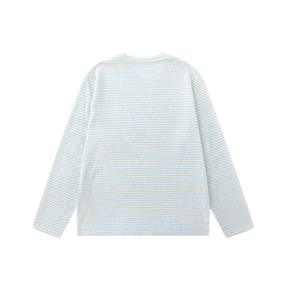 Back view of a long-sleeve ivory shirt with thin pale blue horizontal stripes, laid flat on white.