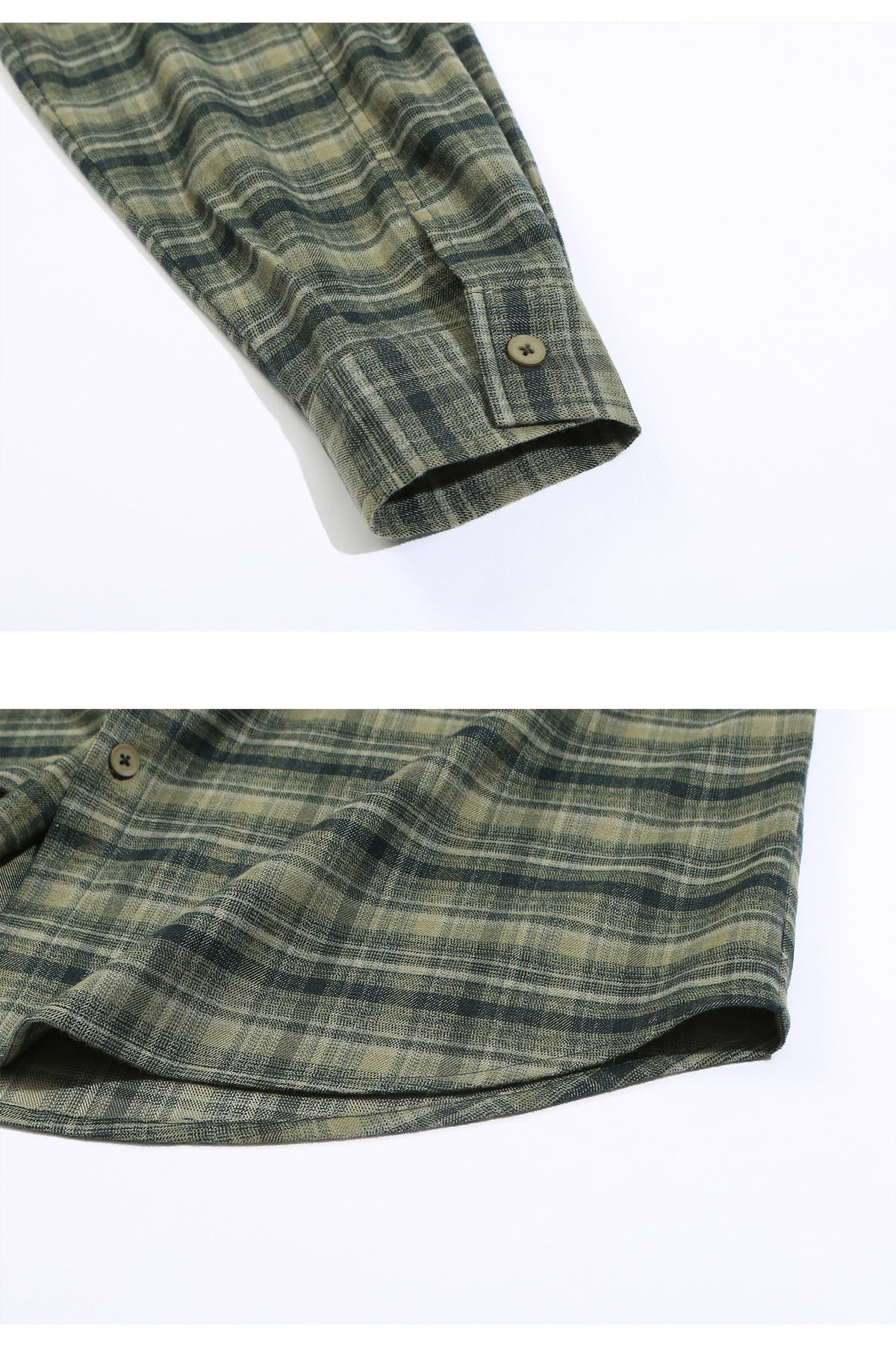 Two close-up views of an olive and charcoal plaid shirt, showing a button cuff and curved hem.
