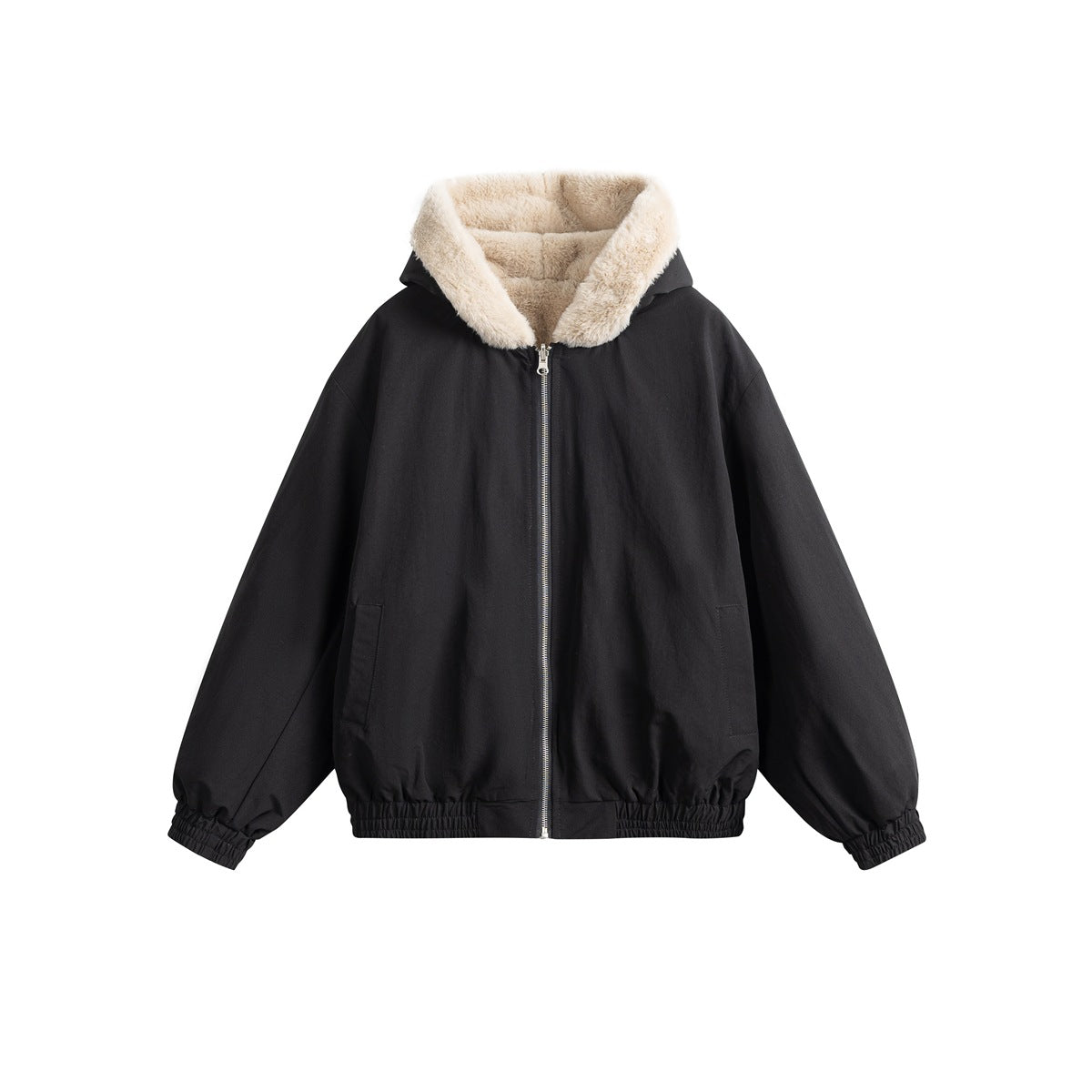 Black hooded zip jacket with cream plush hood lining, side pockets and elastic cuffs and hem, flat front view