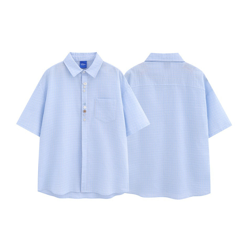 Front and back views of a light blue short-sleeve button-up shirt with a collar and chest pocket.