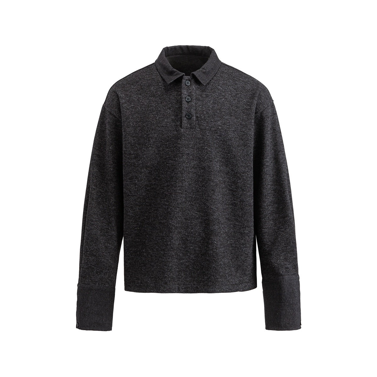 Charcoal gray long-sleeve polo-collar pullover with three buttons and wide tonal cuffs, front view