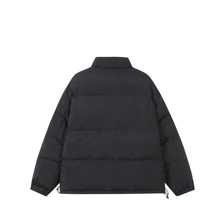 Back view of a black padded jacket with horizontal quilting, a high collar, and hem drawcords.