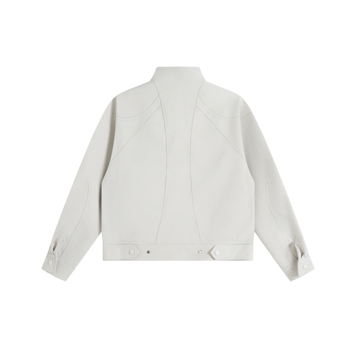 Off-white jacket back view with curved panel seams, waist snap tabs and snap cuff tabs