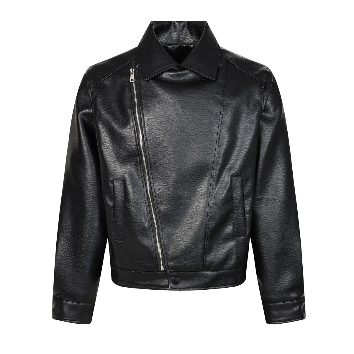 Black faux-leather biker-style jacket, front view, with diagonal silver zipper, pointed collar and slit pockets