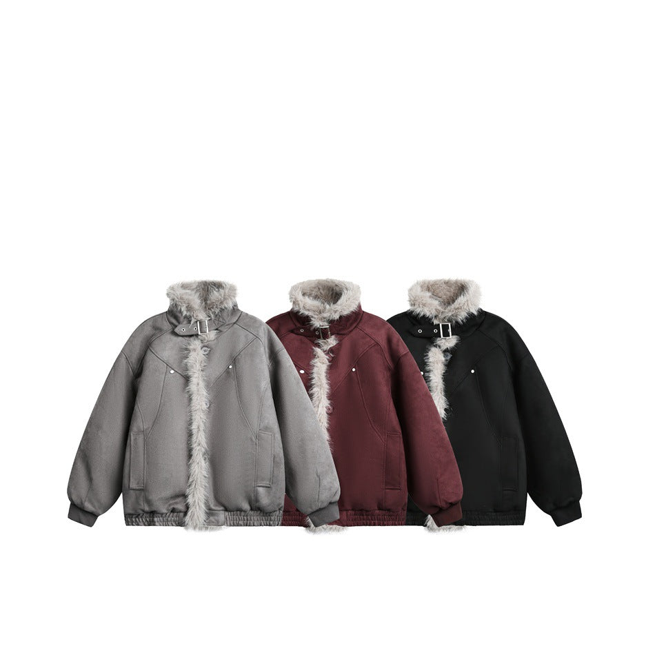 Three front-view jackets displayed together in gray, burgundy, and black, each with light fur trim.