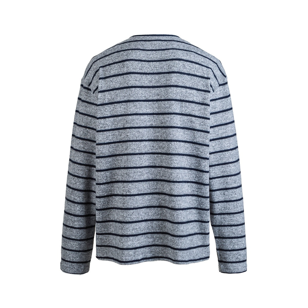 Back view of a light gray long-sleeve shirt with dark horizontal stripes.