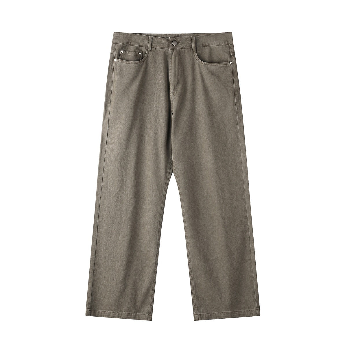 Khaki brown-gray wide-leg five-pocket twill pants, flat front view