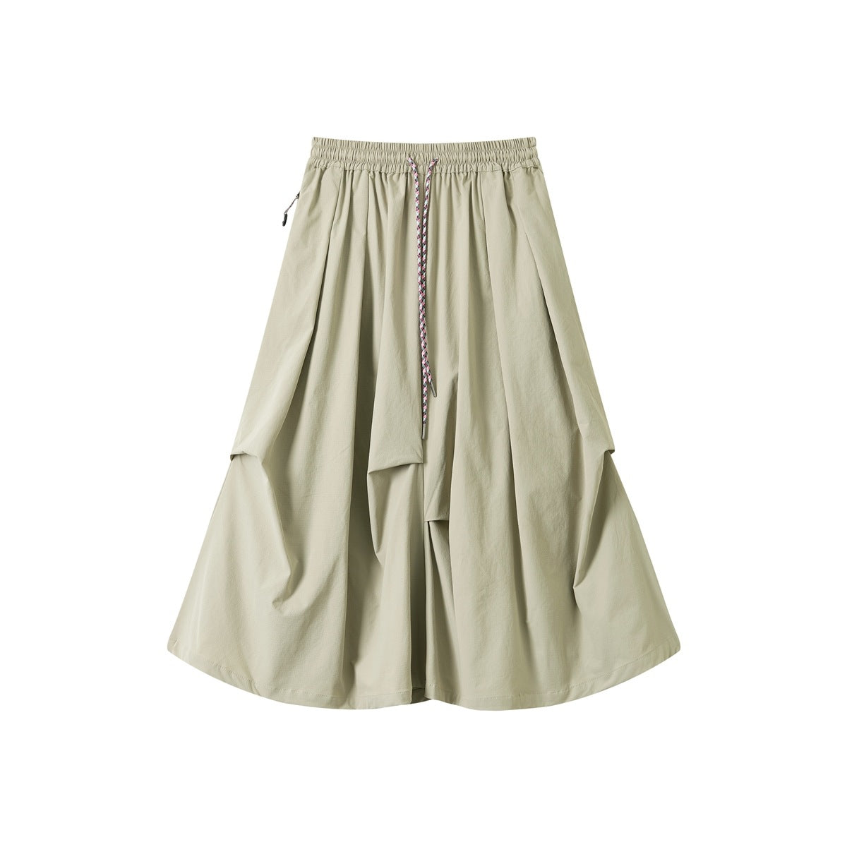 Gray green wide A-line skirt with elastic waist, multicolor drawstring and pleated side folds, flat view