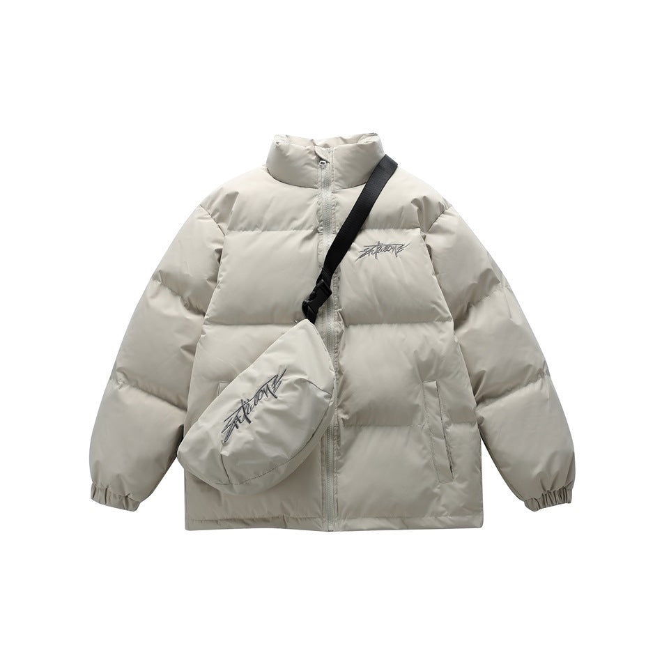 Beige puffer jacket with stand collar, front zip, elastic cuffs and a matching crossbody pouch, flat lay