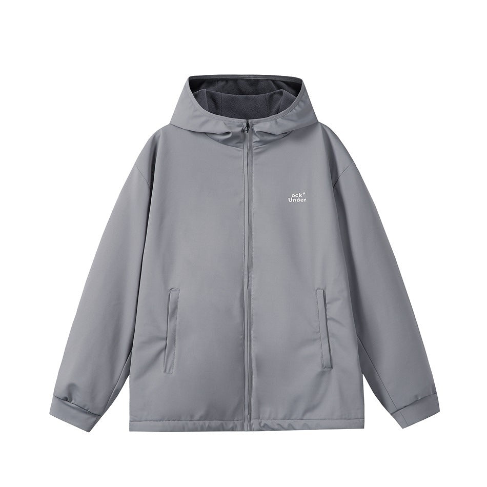 Gray hooded full-zip jacket, front view, with dark gray fleece-like hood lining, slit pockets and small chest logo