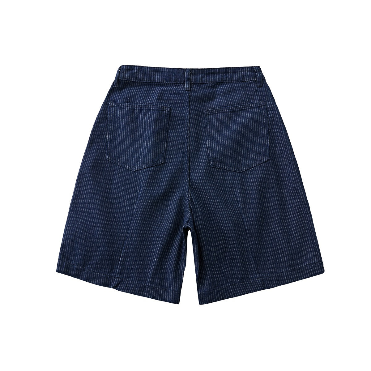 Back view of dark navy pinstriped knee-length shorts with two patch back pockets and belt loops