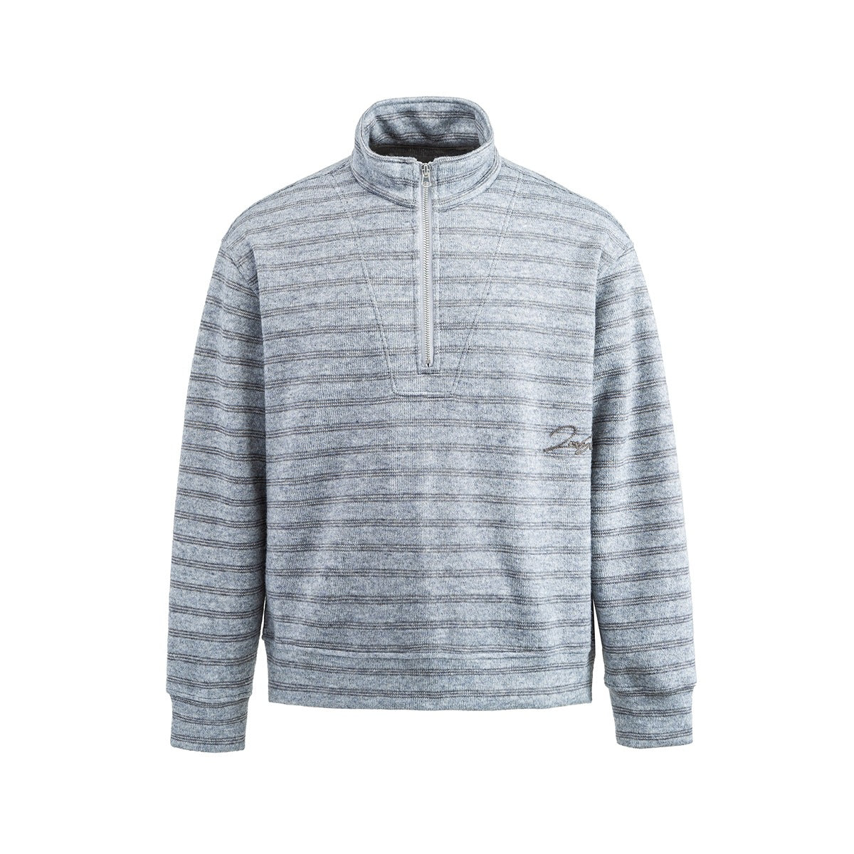 Light heather gray striped half-zip stand-collar sweatshirt, flat front view with small embroidered script mark