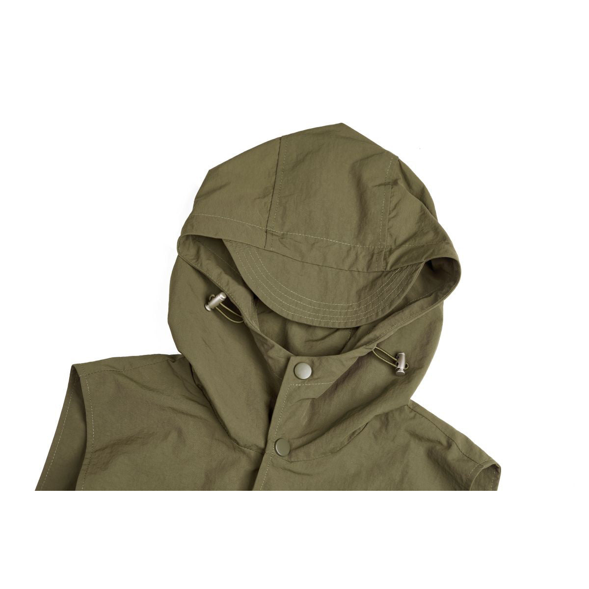 Close-up of an olive sleeveless vest hood with a brim, drawcord toggles, and snap-button front.