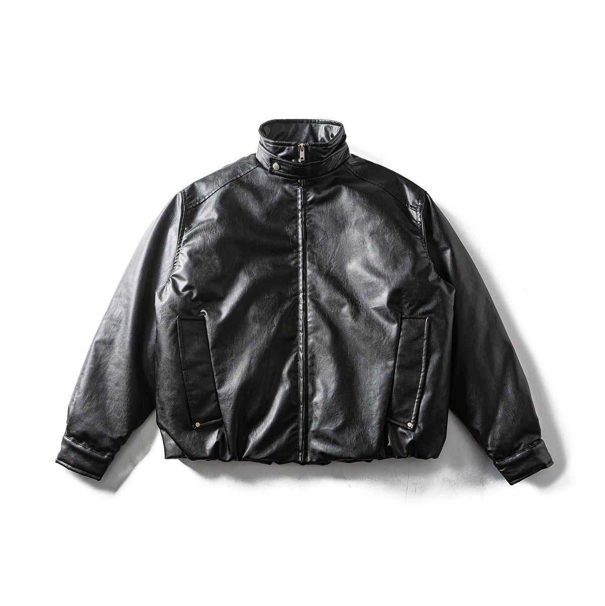 Black faux-leather-look stand-collar zip jacket laid flat, front view with snap pockets and gathered hem