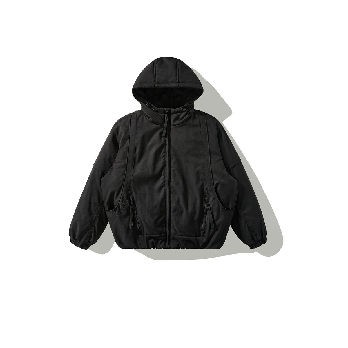 Black hooded zip-front padded jacket flat lay with zippered pockets and elastic cuffs and hem