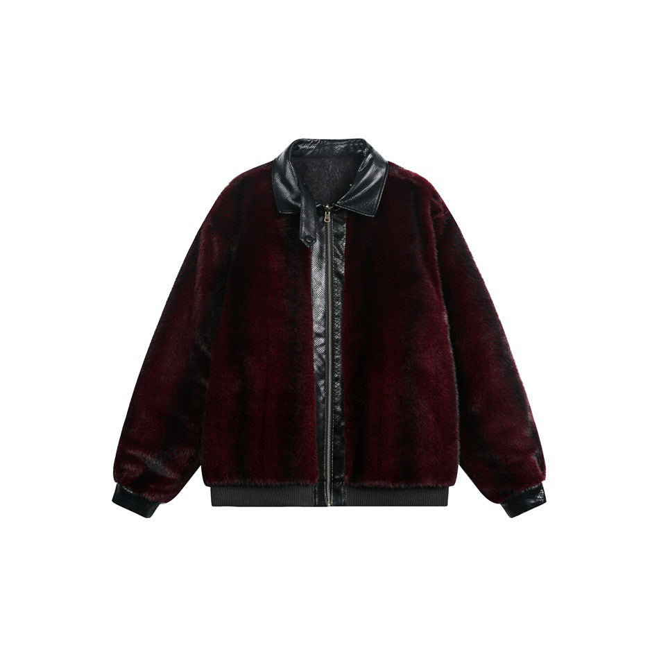 Front of a burgundy plush jacket with a black textured collar, zip closure, cuffs, and ribbed hem.
