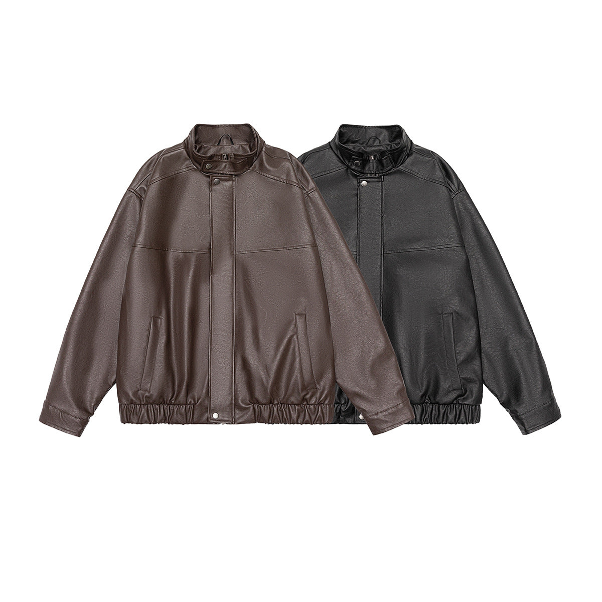 Two front views of the same stand-collar jacket, shown in dark brown and black, with snap closures and elastic hems.