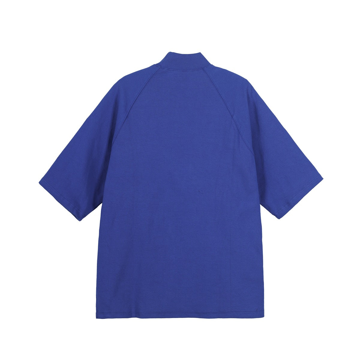 Back view of a royal blue short-sleeve top with a high collar and raglan seams, laid flat.