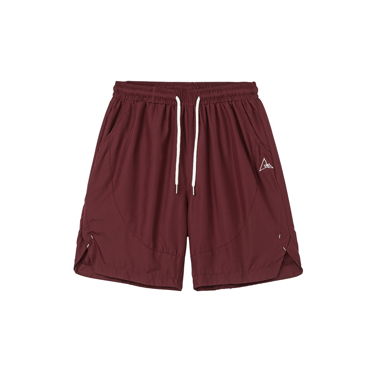 Burgundy drawstring shorts with elastic waist, curved seam panels and split side hems, front view