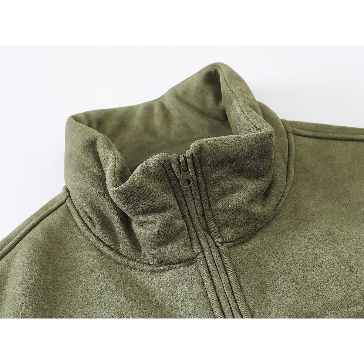 Close-up of an olive-green sleeveless vest showing its raised collar and front zipper.