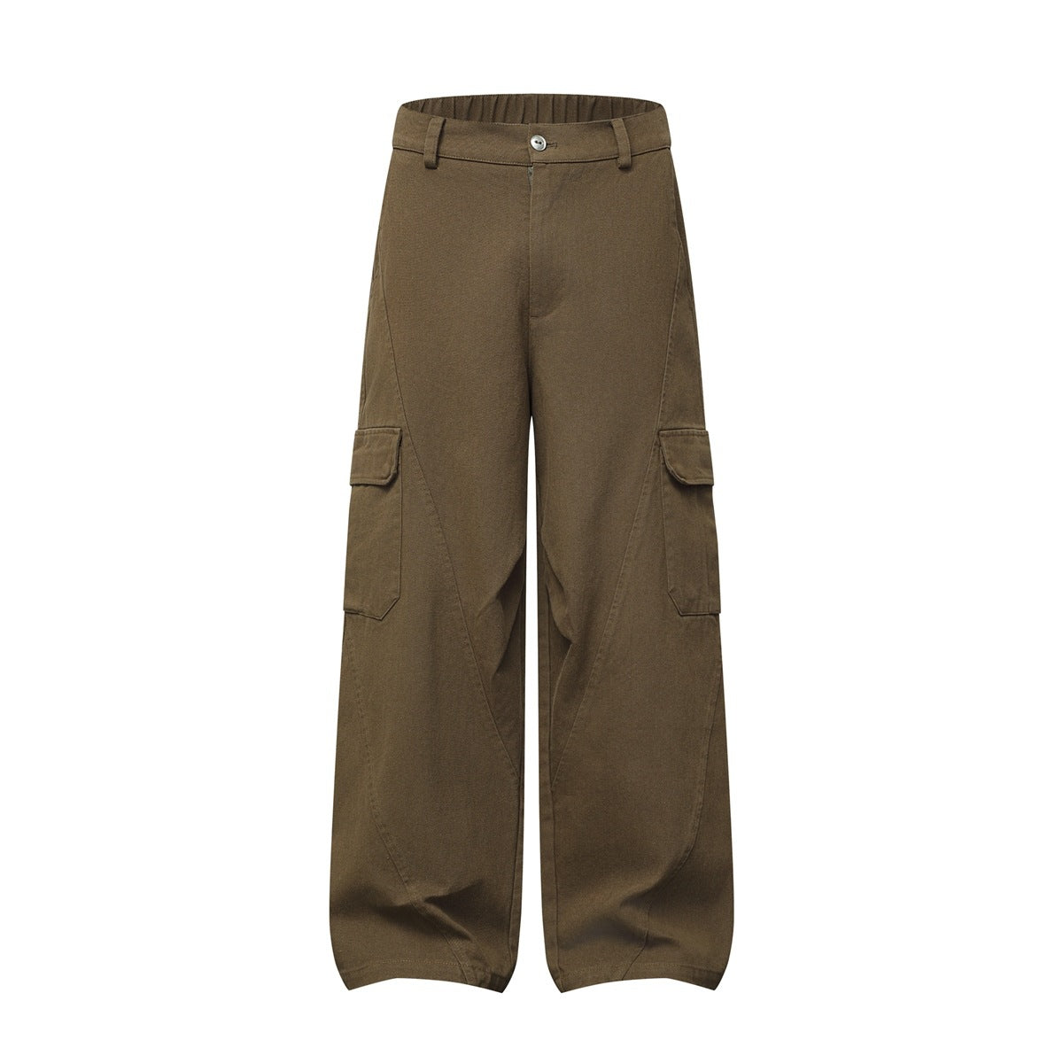 Olive-brown wide-leg cargo pants flat lay, front view with button waist and large side flap pockets