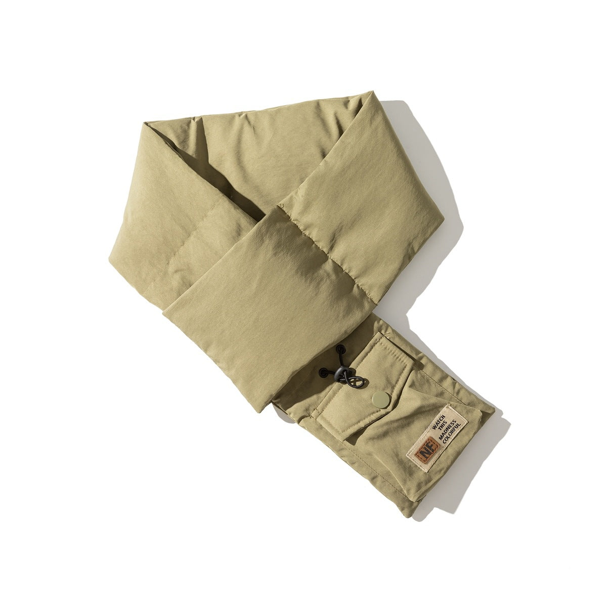 Olive-khaki jacket sleeve and cuff laid diagonally, showing a snap pocket, drawcord, and English text patch.