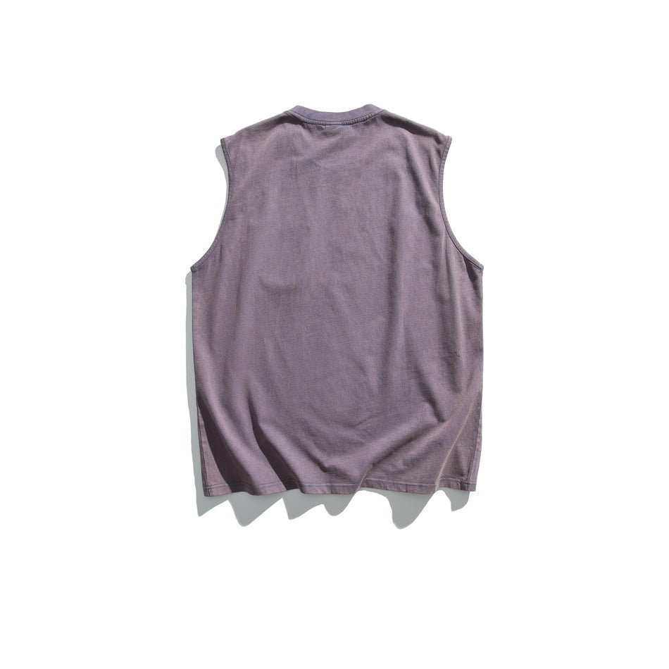 Back view of a muted purple-gray sleeveless shirt laid flat against a white background.