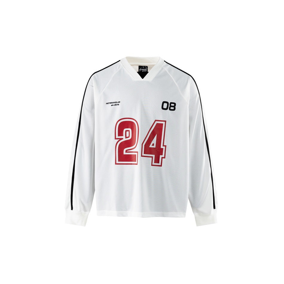 White long-sleeve V-neck jersey top with black sleeve stripes and a red outlined 24 print on the chest