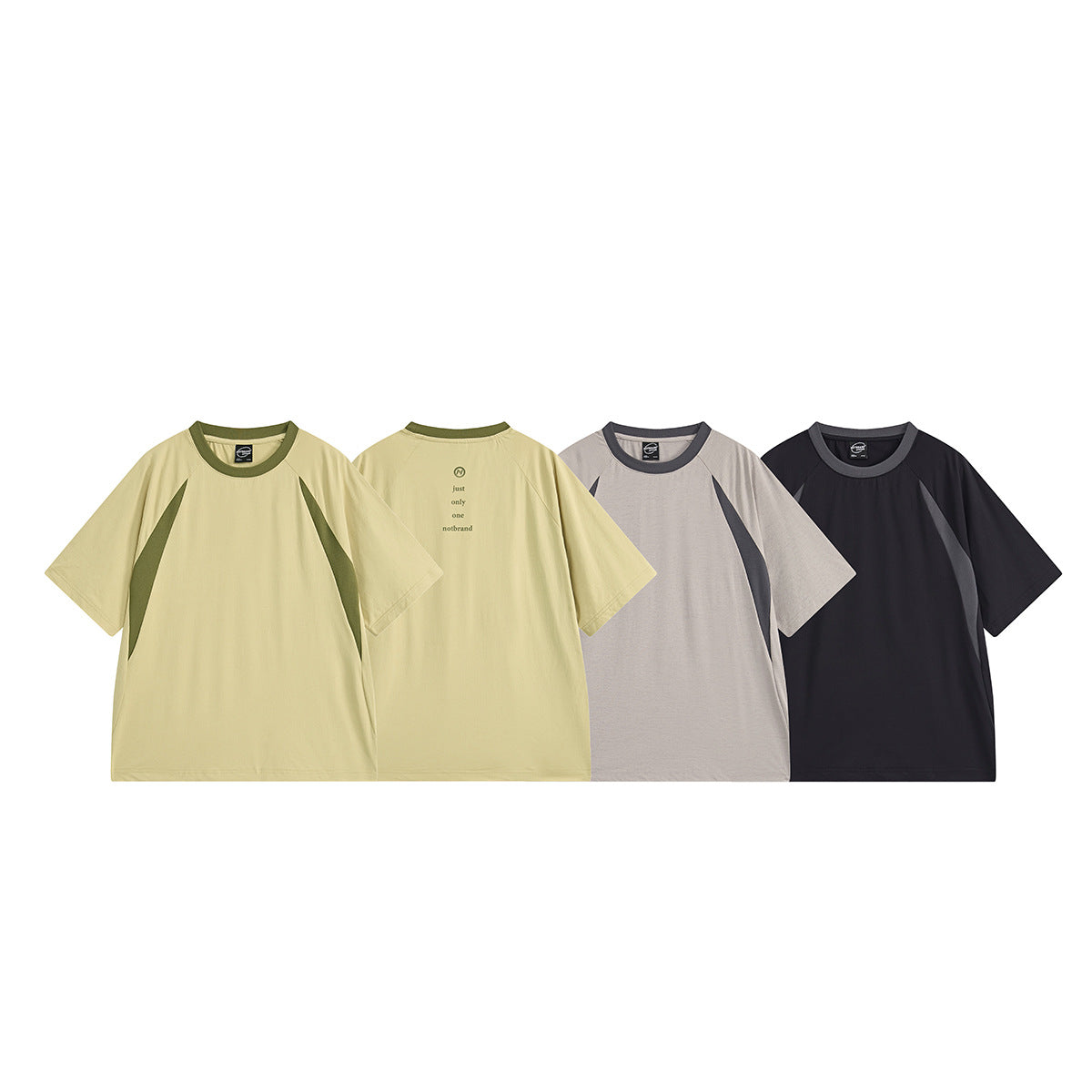Four short-sleeve colorways shown together: pale yellow-green, light gray, and charcoal; one yellow-green shirt shows its