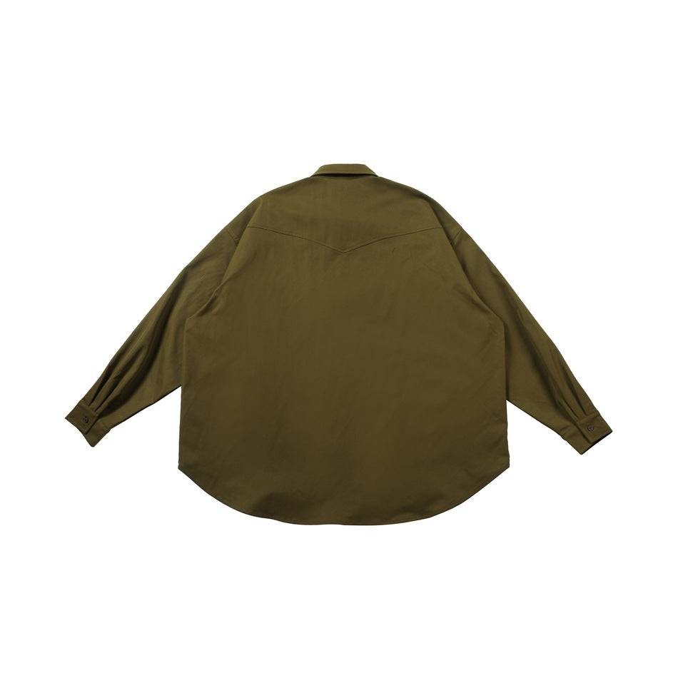 Back view of an olive green long-sleeve shirt with a V-shaped yoke seam and buttoned cuffs, laid flat