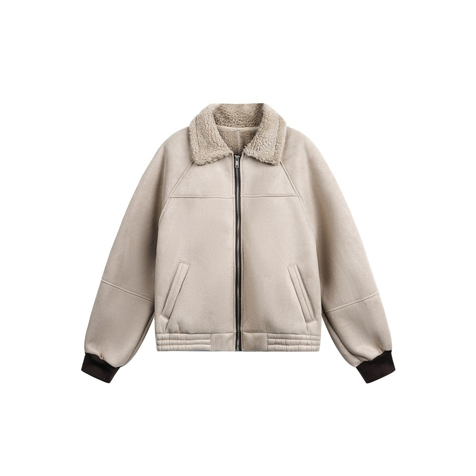 Light khaki zip-front jacket with fleece-textured collar, raglan sleeves, front pockets and dark brown ribbed cuffs
