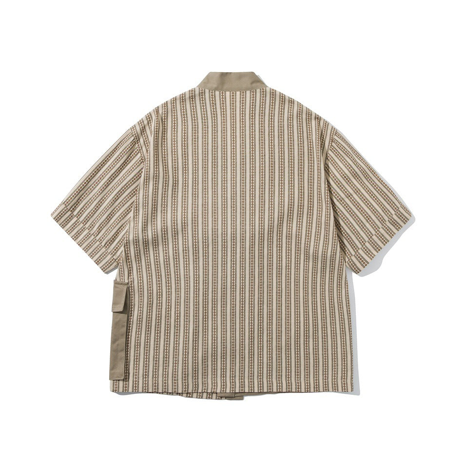 Back view of a beige short-sleeved wrap shirt with narrow brown vertical stripes.
