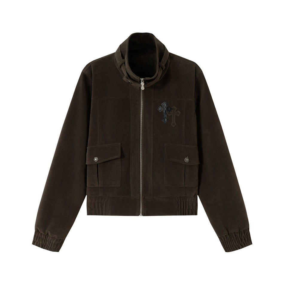 Dark olive-brown cropped zip jacket with stand collar, flap pockets, cross patches and elastic cuffs and hem, flat front view