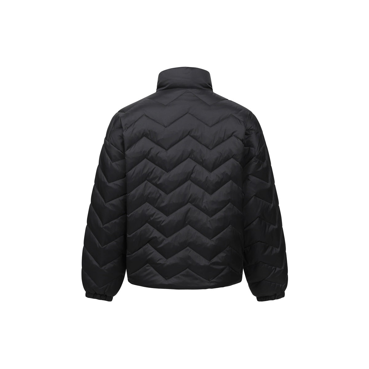 Back view of a black quilted jacket with a stand collar, chevron stitching, and elastic cuffs.