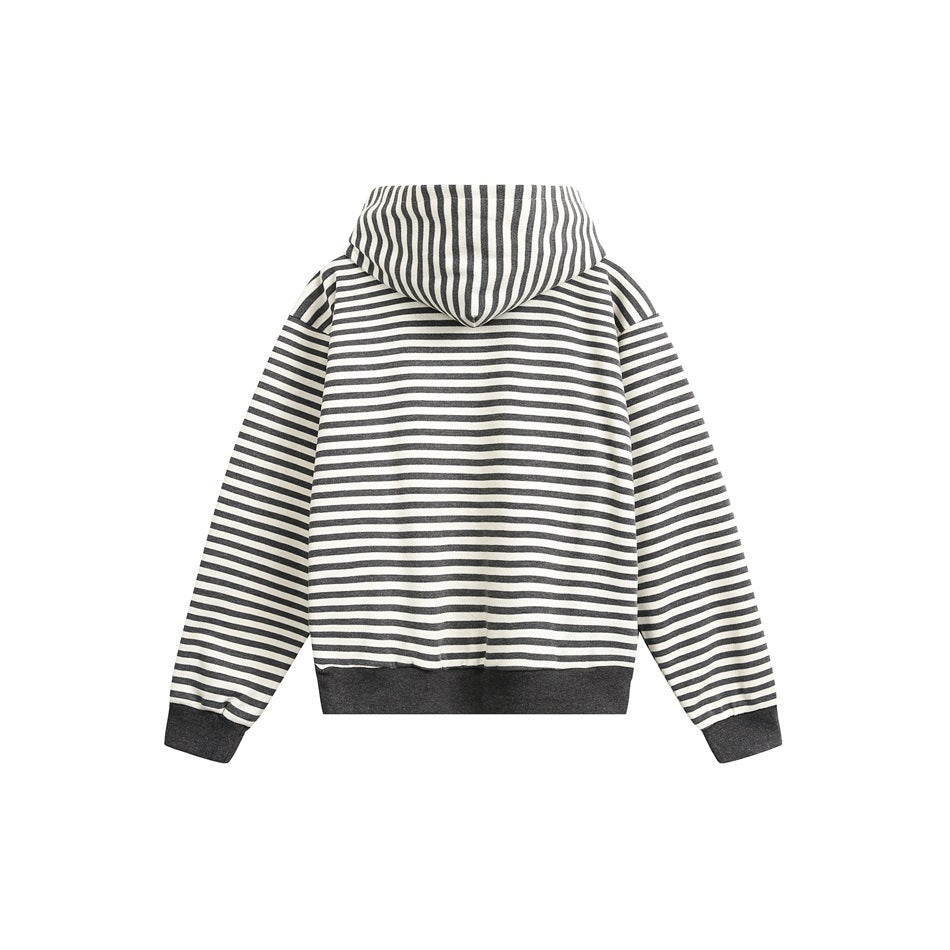 Back view of a striped hooded sweatshirt laid flat, with dark horizontal stripes, a striped hood, and dark cuffs and hem.