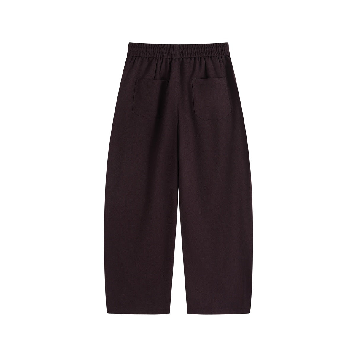 Back view of burgundy wide-leg pants with an elastic waistband and two patch pockets.