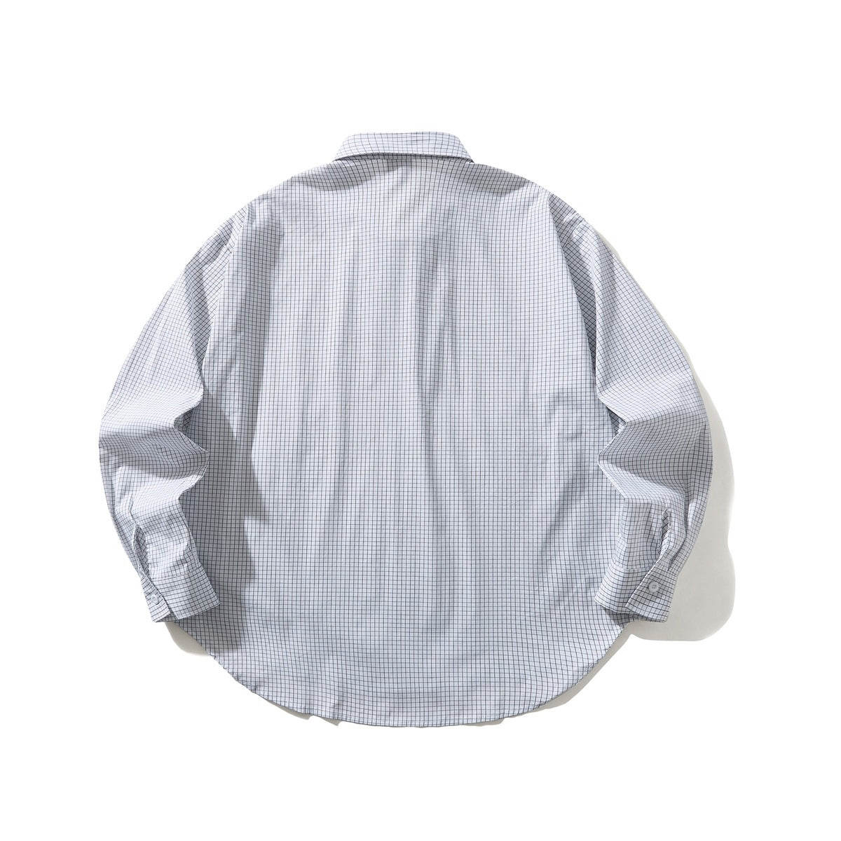 Back view of a white long-sleeve button-up shirt with a fine dark check, laid flat.