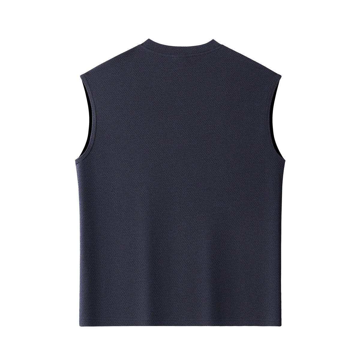 Plain dark navy sleeveless crew-neck top shown from the back against a white background.