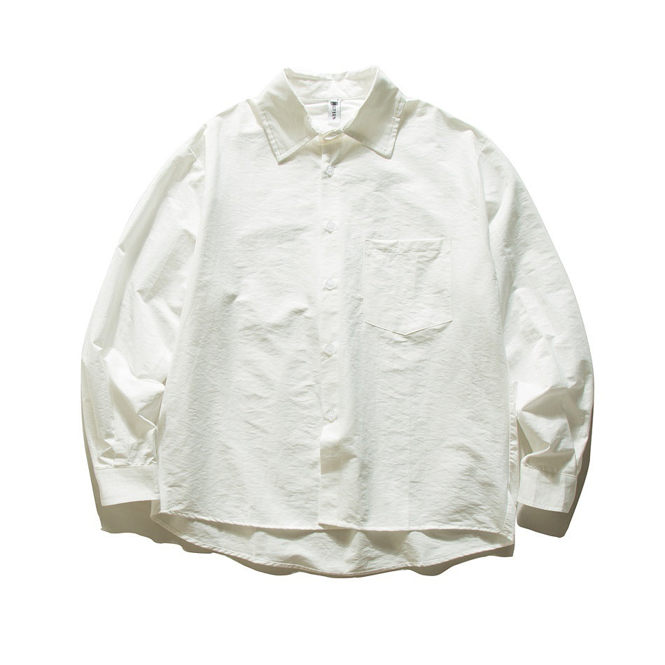 White long-sleeve button-up shirt, front flat lay with chest pocket and curved hem