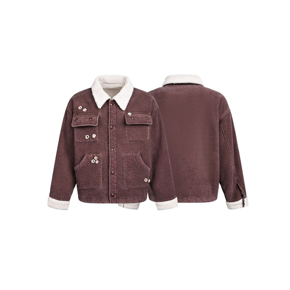 Brown jacket shown from front and back, with a cream shearling-style collar and cuffs, large pockets, and floral accents.