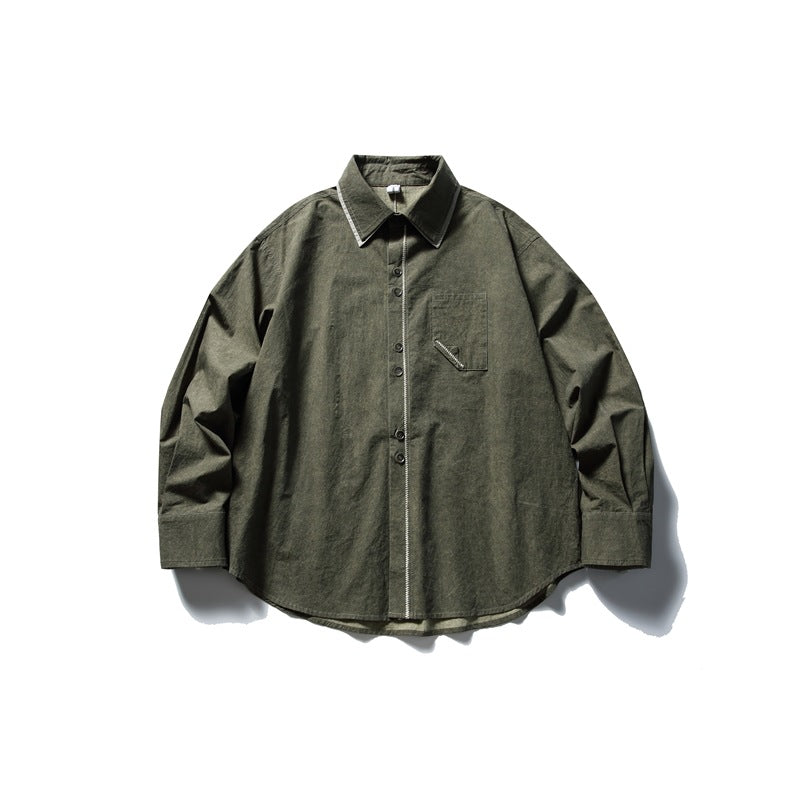 Olive green long-sleeve button-up shirt with white contrast stitching and chest pocket, flat lay front view