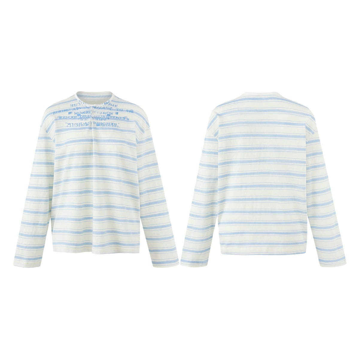 Cream long-sleeve top with blue horizontal stripes, shown from the front and back on a white background.
