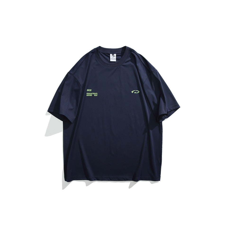 Front view of a navy oversized crew-neck T-shirt with small lime chest text and a matching emblem.