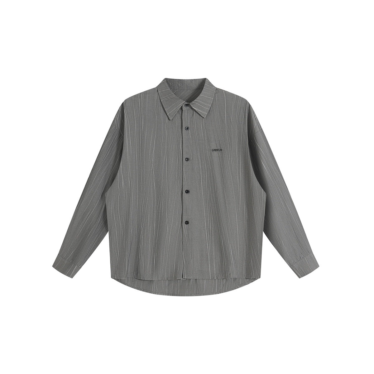 Gray long-sleeve button-up shirt with crinkled vertical stripe texture, pointed collar and small chest embroidery, flat lay