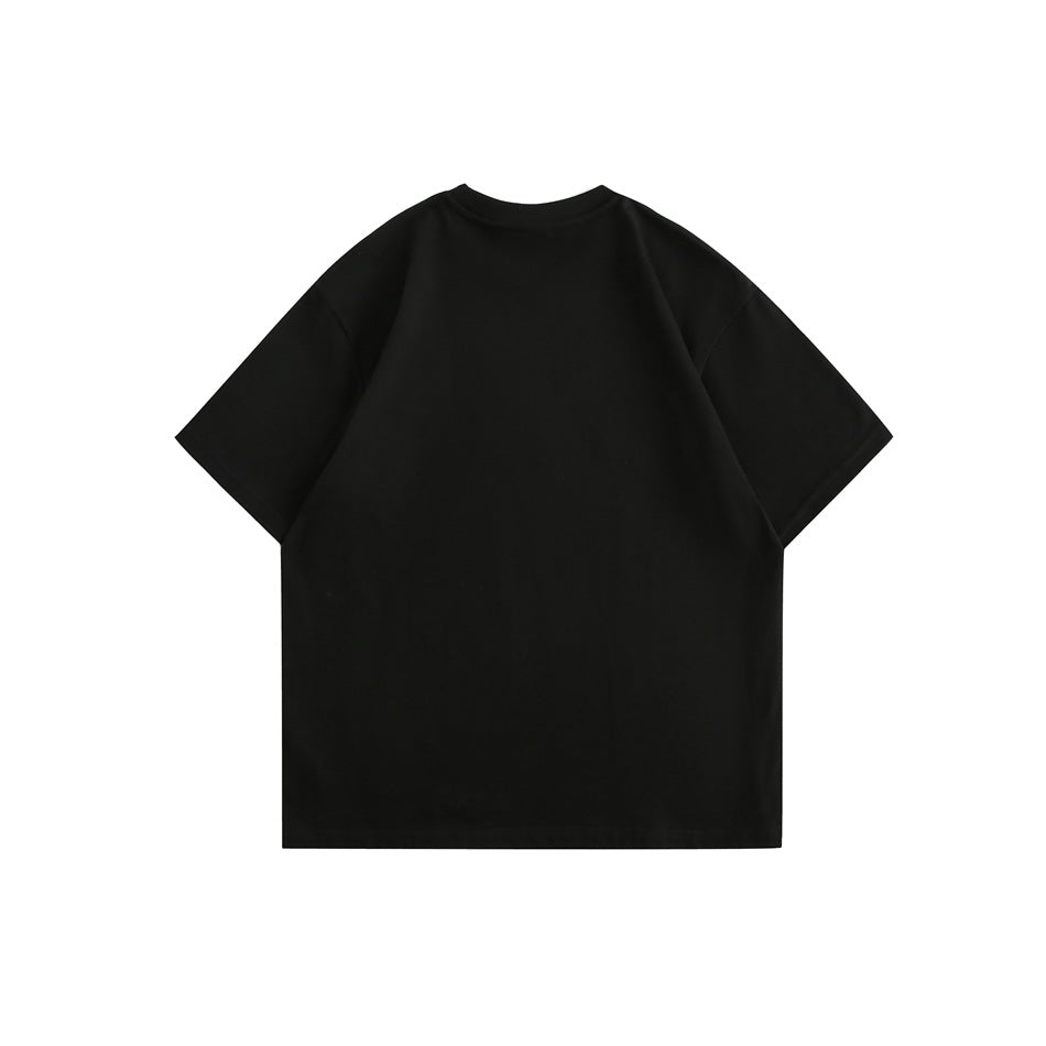 Back view of a plain black short-sleeve crew-neck T-shirt laid flat.