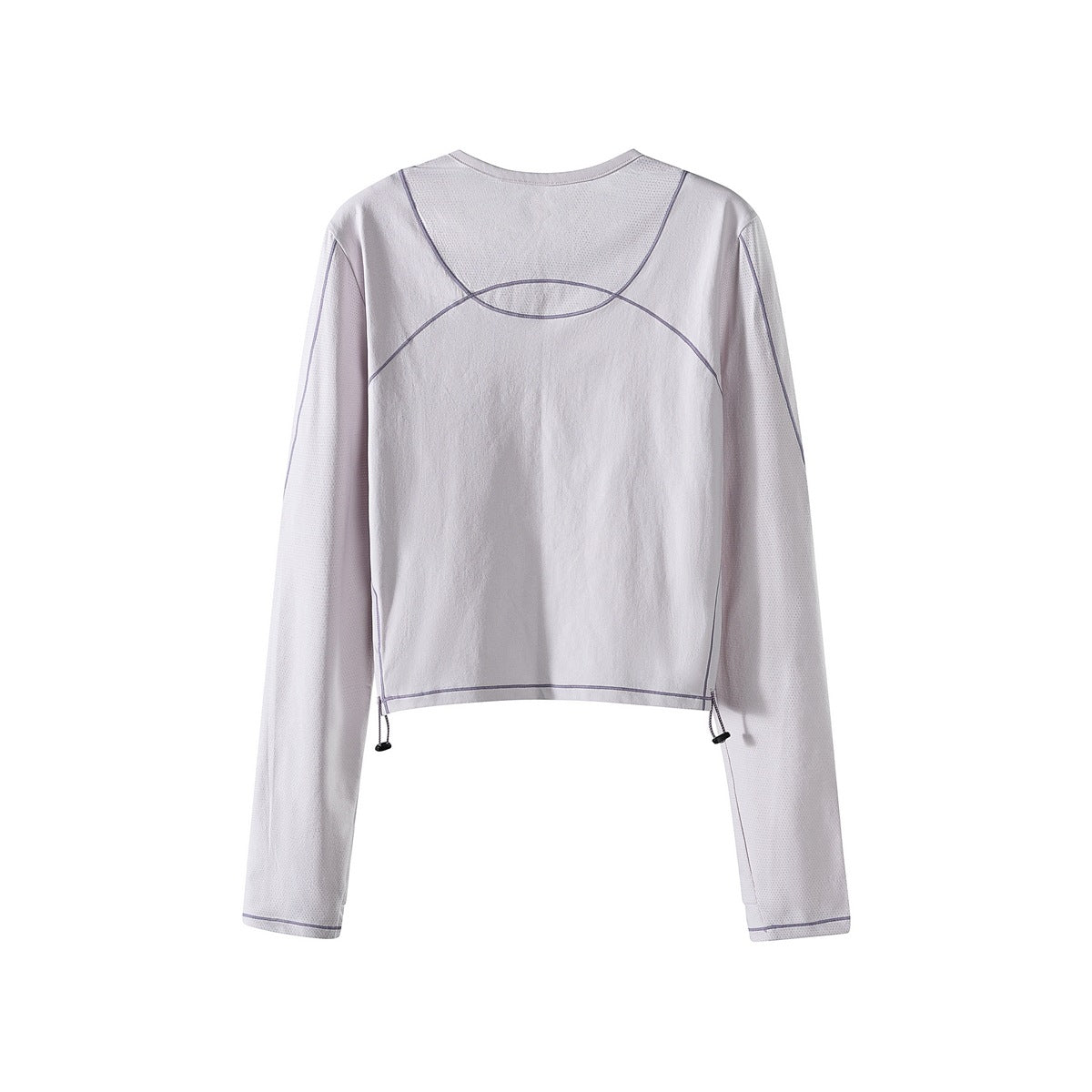 Back view of a pale lavender cropped long-sleeve top with dark contrast piping and adjustable hem cords.