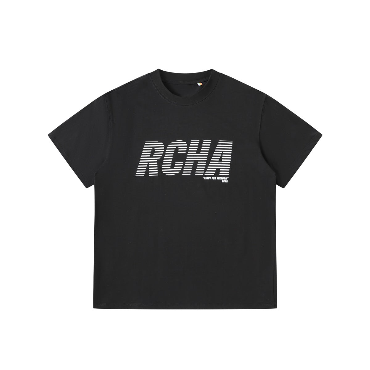 Black short-sleeve crew-neck T-shirt with white striped RCHA graphic on the chest, flat front view