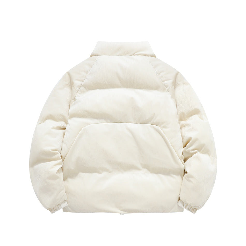 Back view of an ivory padded jacket with a high collar, horizontal quilting, and elastic cuffs.